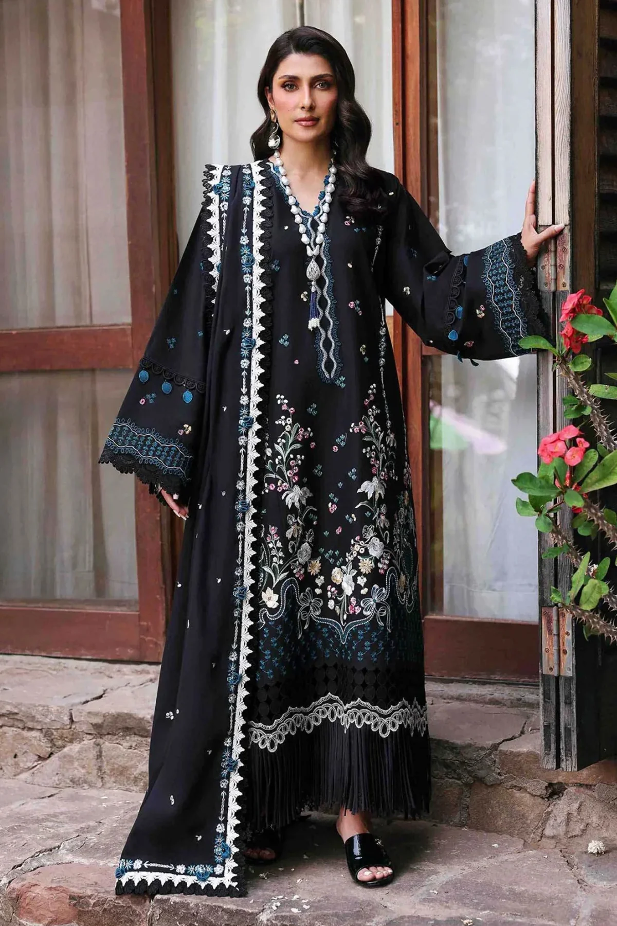 REPUBLIC WOMEN'S WEAR - 3PC LAWN EMBROIDERED SHIRT WITH LAWN EMBROIDERED SHAWL AND EMBROIDERED TROUSER - KPR- RPT#5B - Zaraé