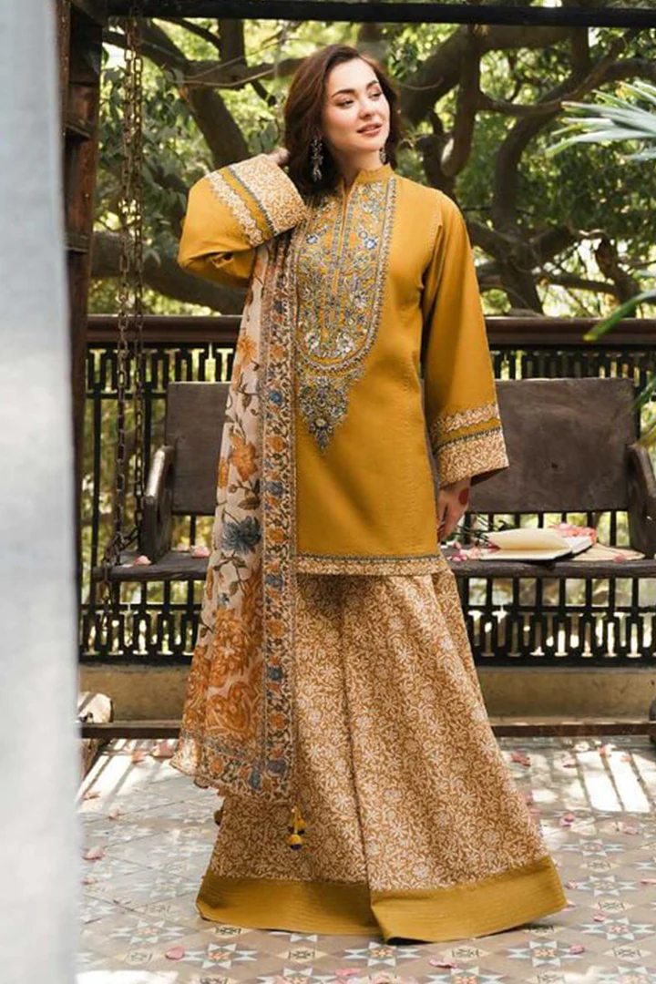 SAPPHIRE -3 Piece Unstitched Embroidered DHANAK Shirt With Embroidered Trousere and Pronted Dupatta| YL-1