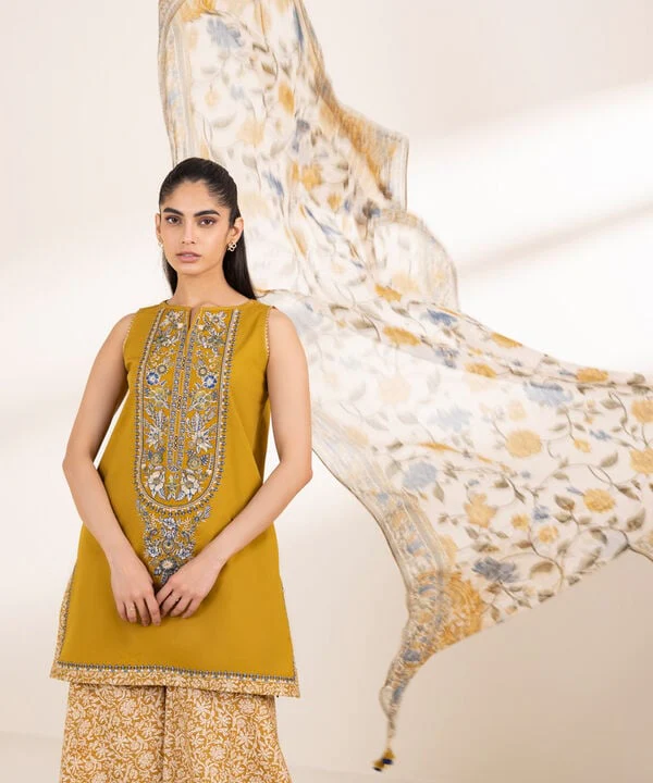 SAPPHIRE -3 Piece Unstitched Embroidered DHANAK Shirt With Embroidered Trousere and Pronted Dupatta| YL-1 - Image 4