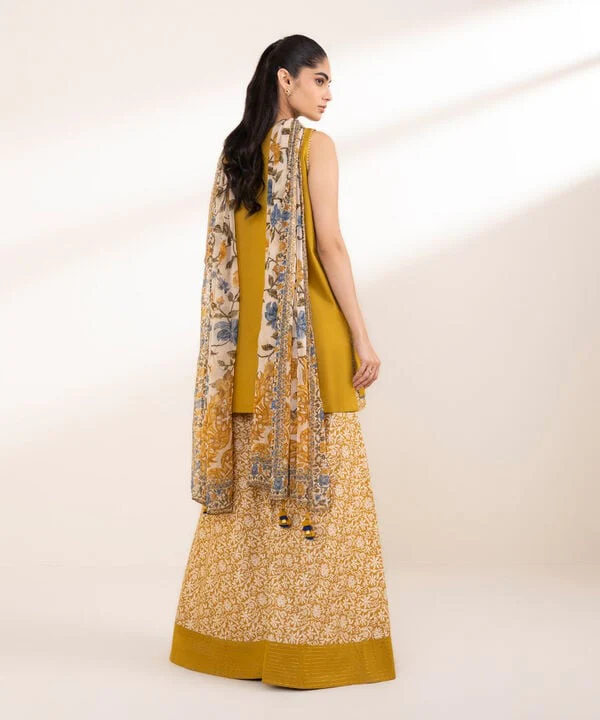 SAPPHIRE -3 Piece Unstitched Embroidered DHANAK Shirt With Embroidered Trousere and Pronted Dupatta| YL-1 - Image 5