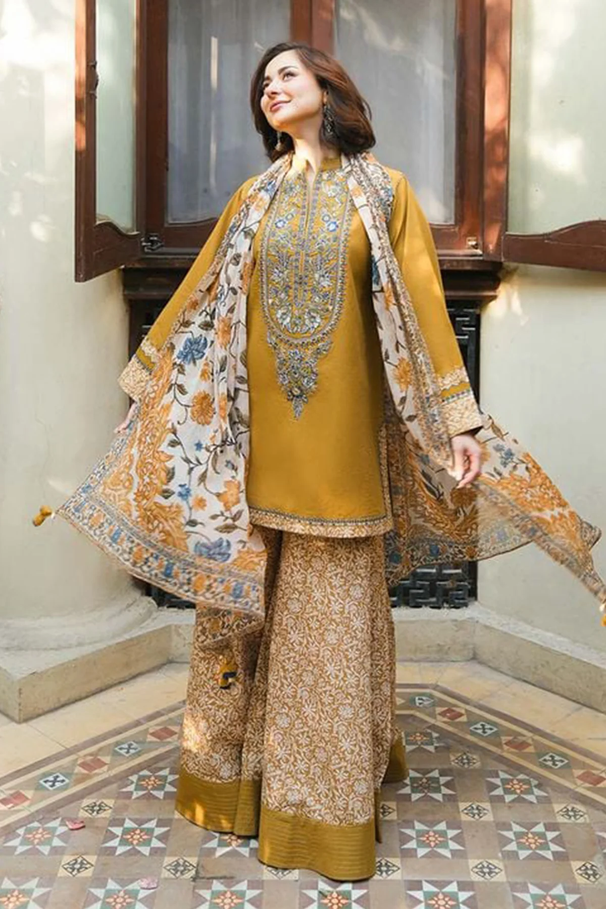 SAPPHIRE -3 Piece Unstitched Embroidered DHANAK Shirt With Embroidered Trousere and Pronted Dupatta| YL-1 - Image 6