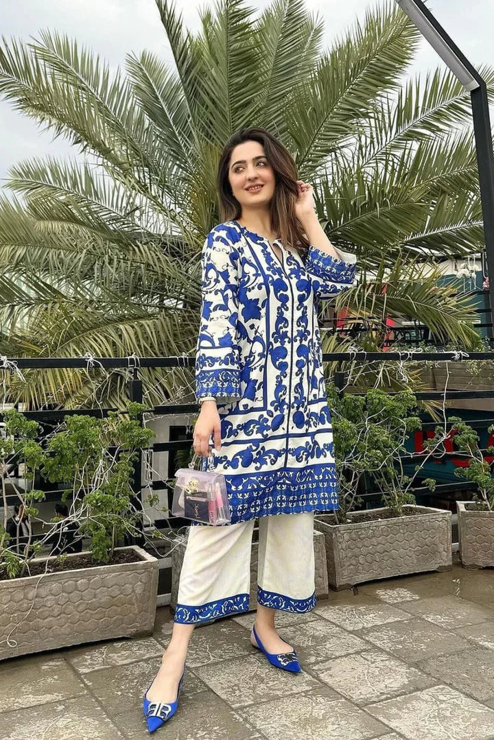 Shamoze Silk - 3 Piece - Digital Print - Blue & White Floral - Image 2