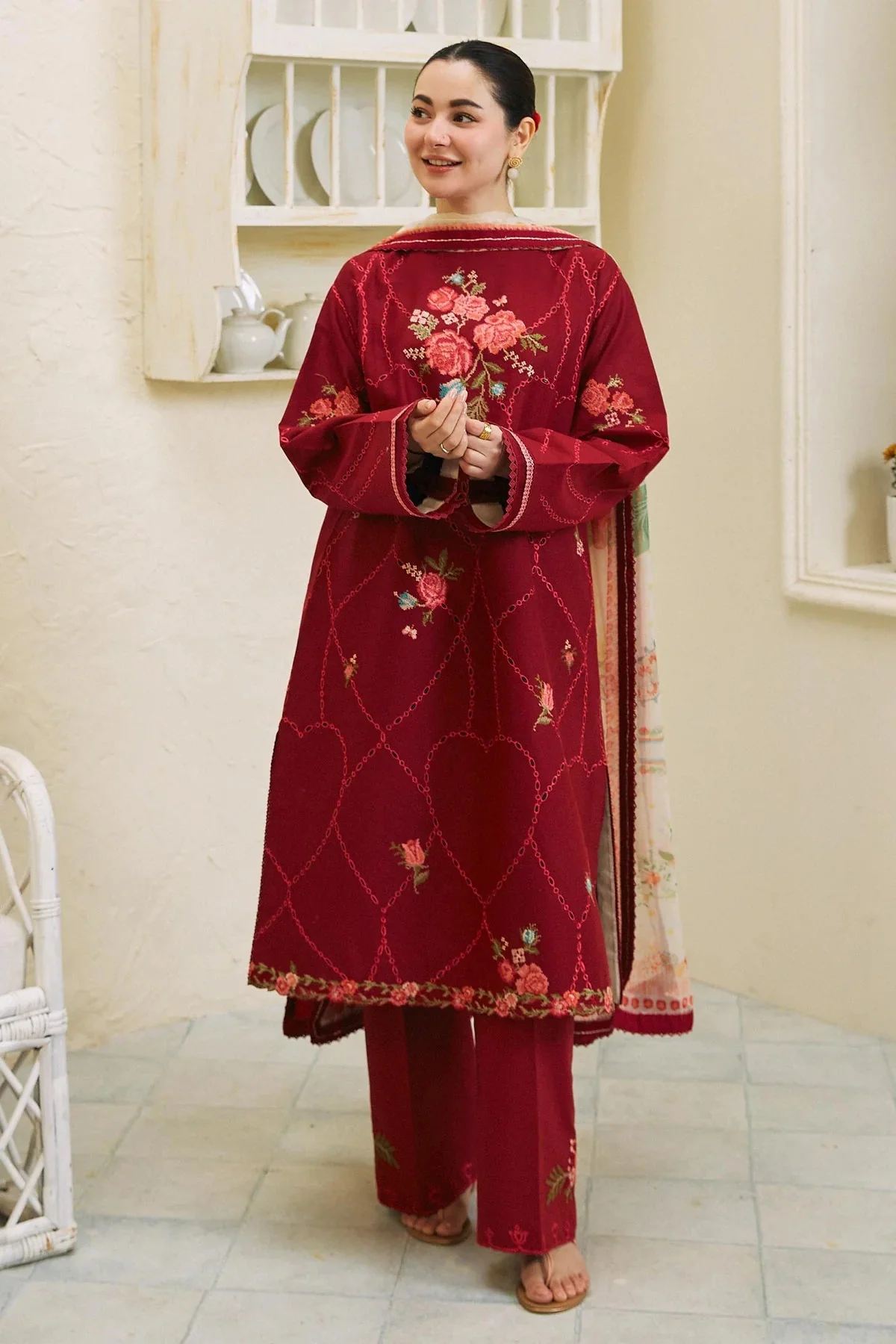 ZARA SHAH JAHAN - 3PC LAWN EMBROIDERED SHIRT WITH MANAAR PRINTED DUPATTA AND TROUSER - KPR1613 - Image 3