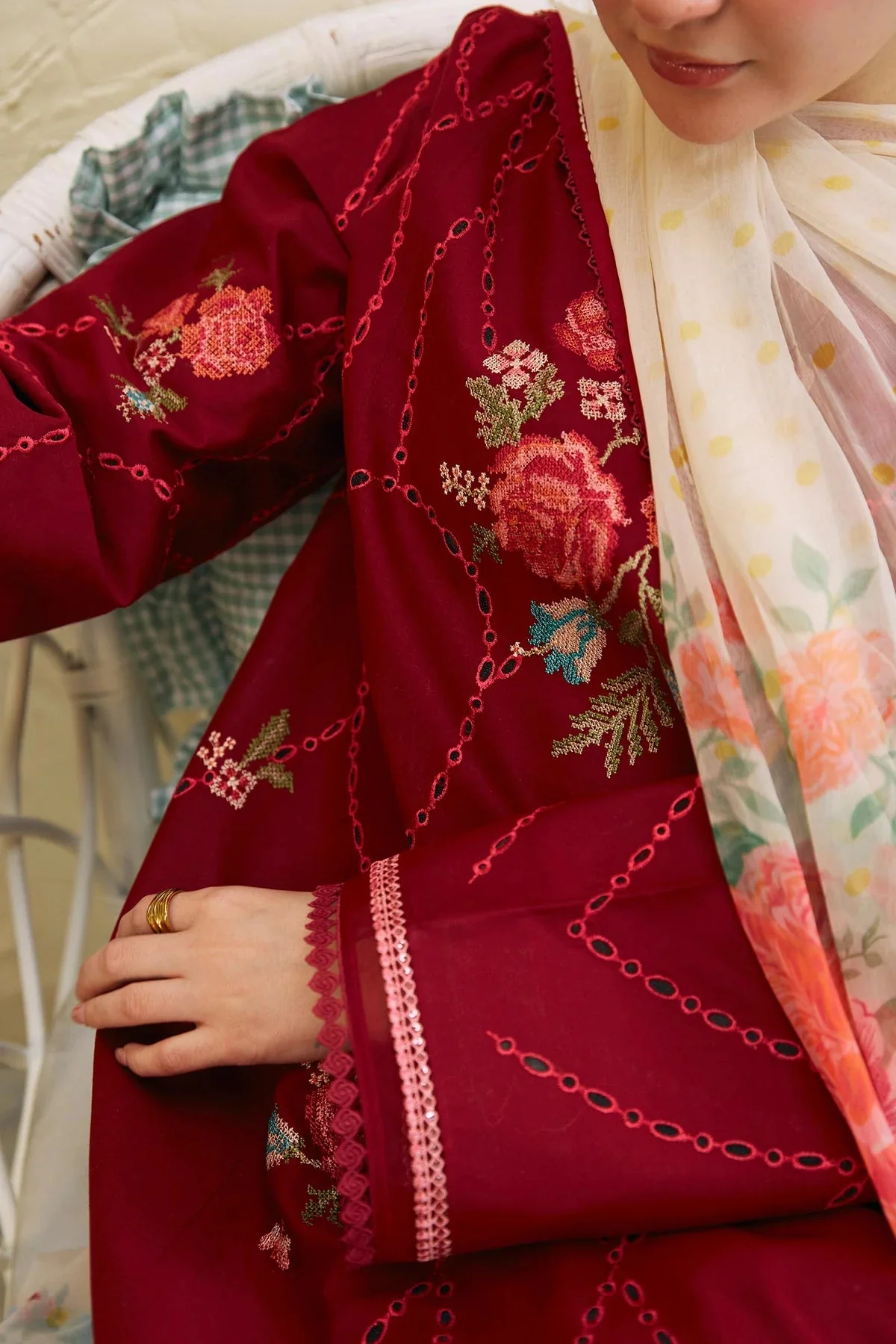 ZARA SHAH JAHAN - 3PC LAWN EMBROIDERED SHIRT WITH MANAAR PRINTED DUPATTA AND TROUSER - KPR1613 - Image 5