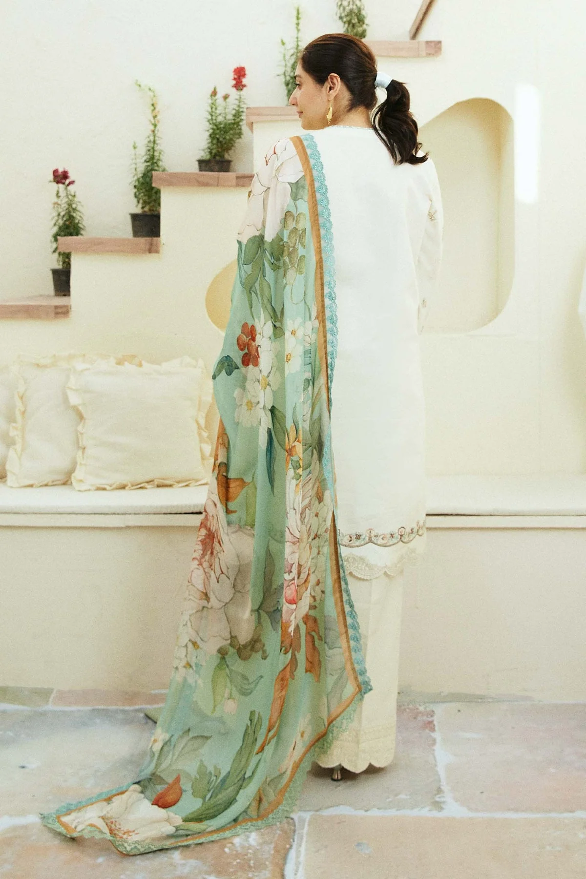 ZARA SHAJAHAN- 3PC LAWN EMBROIDERED SHIRT WITH LAWN  EMBROIDERED SHAWL AND TROUSER - KPR21 - Image 4